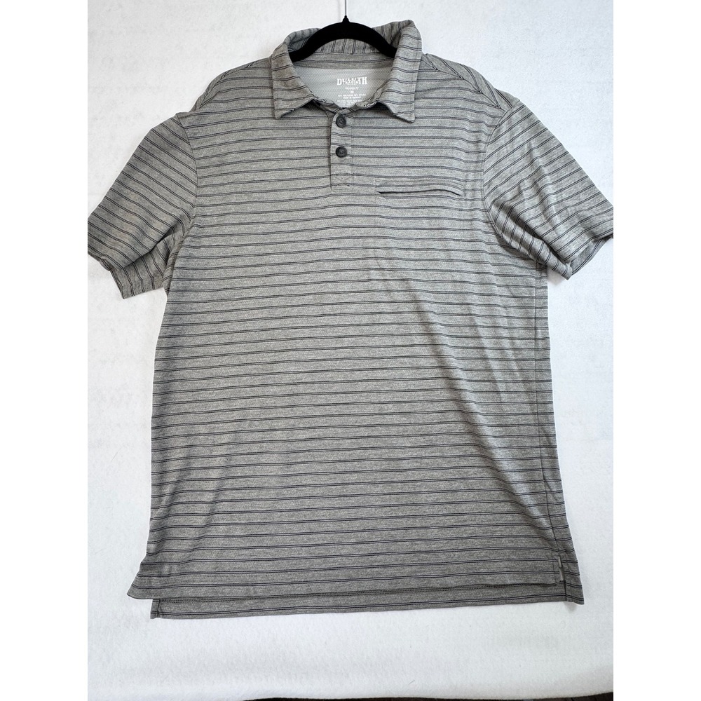 Duluth Trading Co Mens Relaxed Fit Polo Shirt Grey Striped Zip Pocket Medium